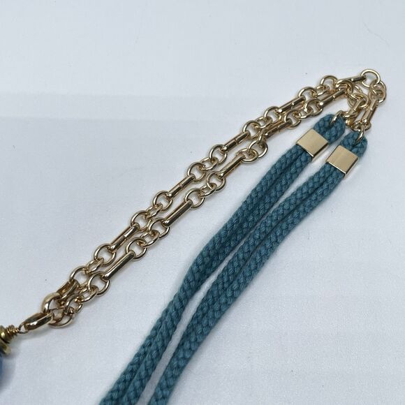 Sequin Blue Agate Stone Tassel Corded Necklace Gold Tone Boho Statement Chunky - Picture 5 of 8